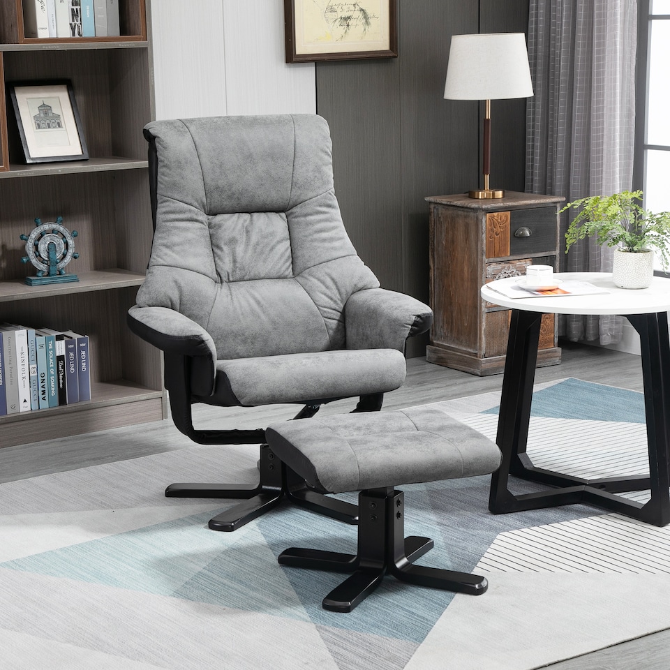 image 1 of HOMCOM Recliner Chair With Footstool, Swivel Lounge Armchair, 135 Reclining Chair With Soft Padded Seat and Armrest For Living Room, Bedroom, Grey