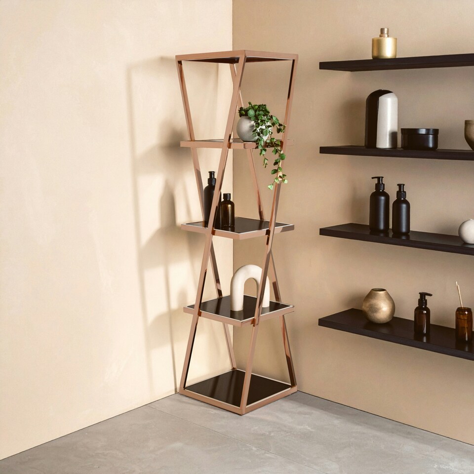 image 1 of Interiors By Premier Angular Design 5 Tier Rose Gold Shelf Unit, Durable Large Shelving Unit For Living Room, Tempered Glass Unit Gold