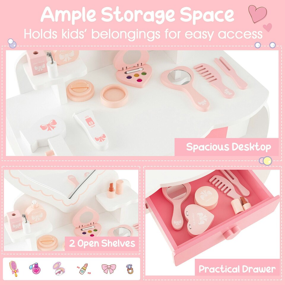image 1 of COSTWAY 2-in-1 Kids Vanity Set Makeup Table & Chair Set
