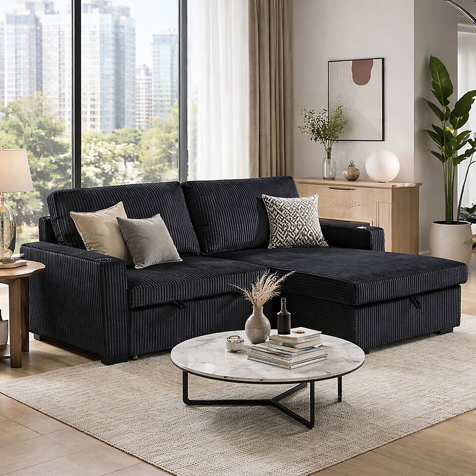 image 1 of Florence Sofa Bed A Jumbo Cord Corner Sofa With a Reversible Chaise and Cupholders in Black | Black