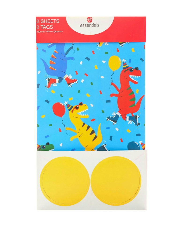 image 1 of Multipack of 6 Sheets of Wrapping Paper & 6 Tags | Birthdays | For Boys | Dino Design | Blue