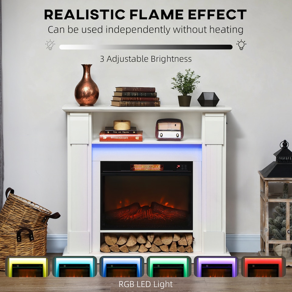 image 1 of HOMCOM Electric Fireplace with RGB LED Lights, Realistic Flame Effect & 3 Brightness Levels, 1800W Inset Electric Fire and Mantel Reach up to 30 m² Space with 2 Remote & Timer for Living Room, White