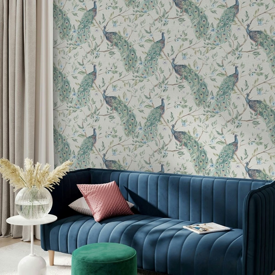 image 1 of Arthouse Keeka Peacock Wallpaper - Blue/Neutral - 10m x 53cm | Blue