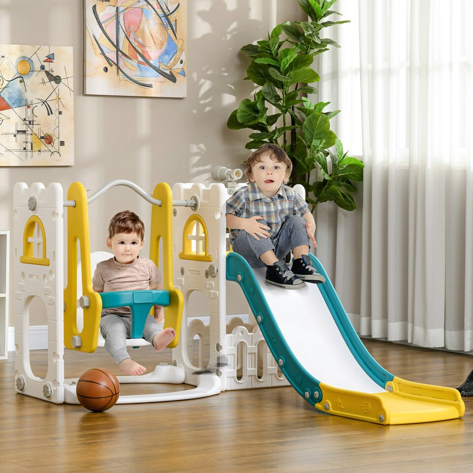image 1 of AIYAPLAY 6-in-1 Toddler Climber and Set w/ Basketball Hoop, Telescope Yellow