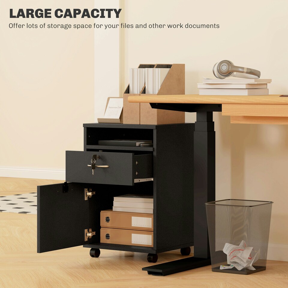 image 1 of HOMCOM 60cm Filing Cabinet with Drawers and Open Shelf, Black