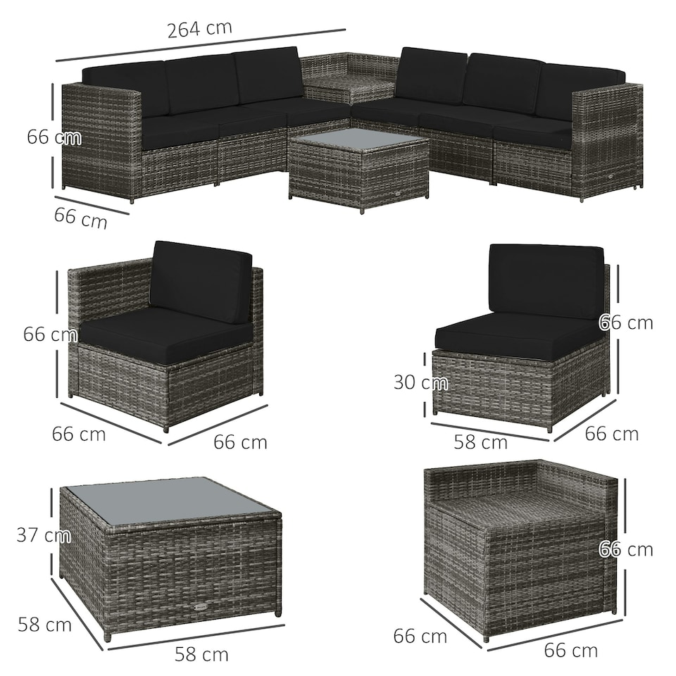 image 1 of Outsunny 8Pcs Patio Rattan Sofa Set Garden Furniture Side Table w/ Cushion