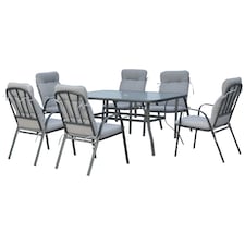 Outsunny 7 Pieces Garden Dining Set, Outdoor Rectangular Dining Table and 6 Cushioned Armchairs, Tempered Glass Top Table w Umbrella Hole, Texteline Seats, Grey