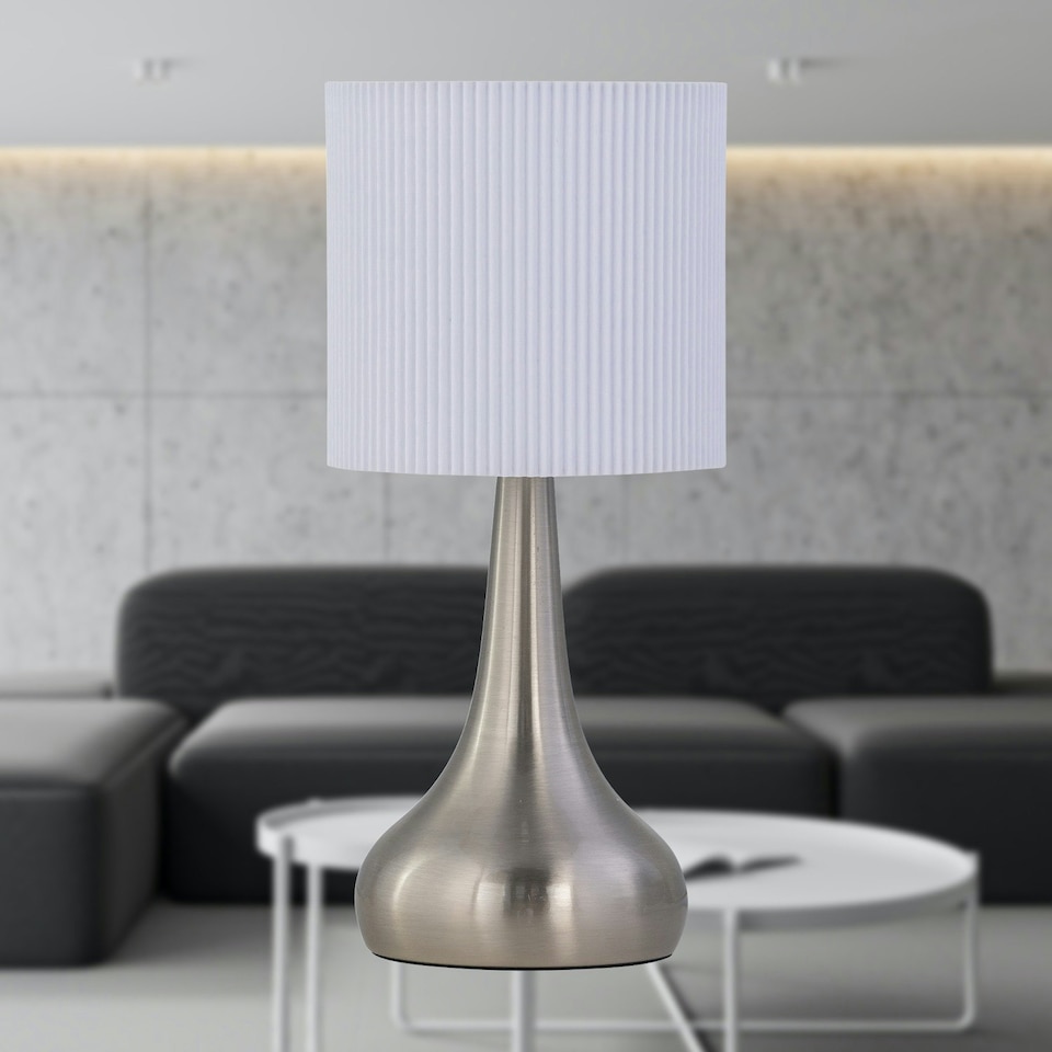 image 1 of Romana - Brushed Chrome Touch Operated Table Lamp with White Pleated Shade Silver | White