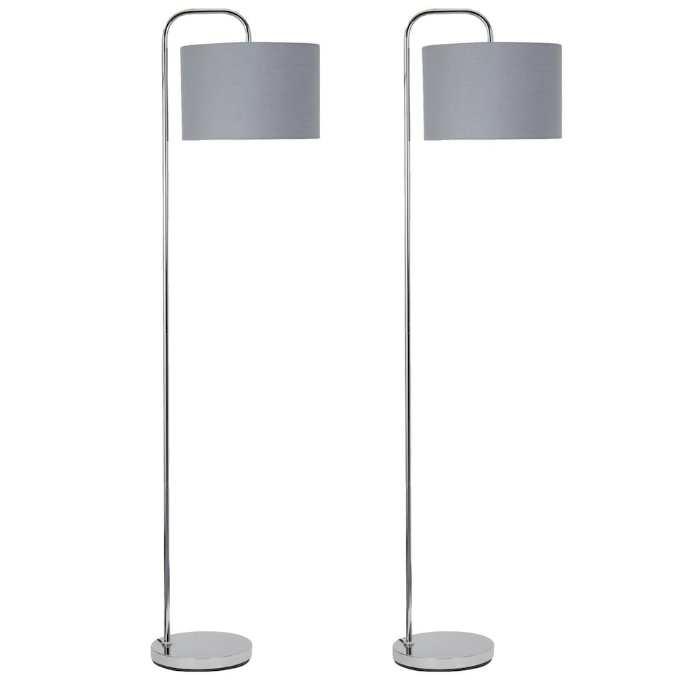 image 1 of First Choice Lighting Set of 2 Chrome Arched Floor Lamps with Grey Cotton Shades Chrome | Grey