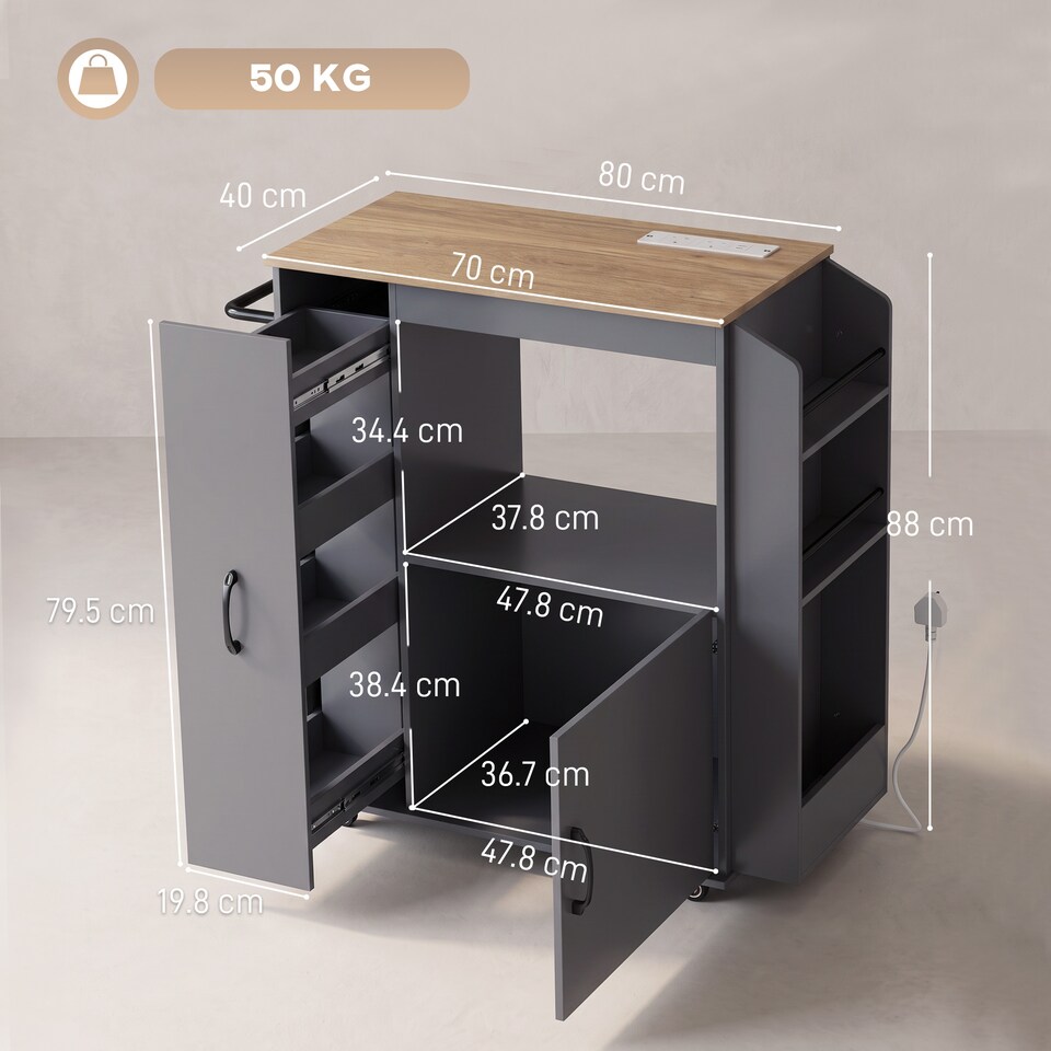 image 1 of HOMCOM Kitchen Trolley on Wheels, Rolling Kitchen Cart with Power Outlet