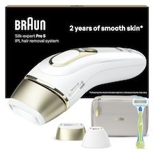 Braun IPL Silk-Expert Pro 5, At Home Hair Removal Device with Pouch, White/Gold, PL5124