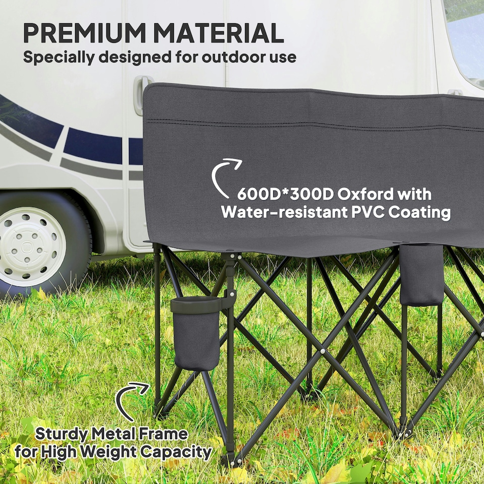 image 1 of Outsunny 6 Seater Folding Bench Camping Chair with Cup Holder, Charcoal Grey Grey | Charcoal grey