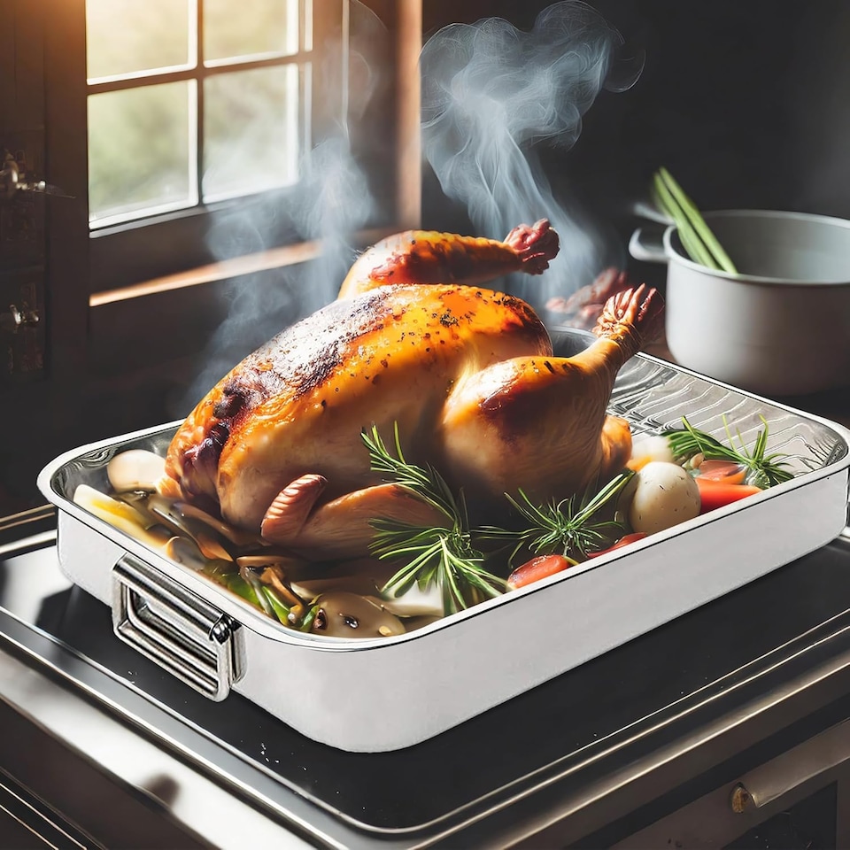 image 1 of Set Of 4 Roasting Trays Stainless Steel Oven Pan Dish Bake Roast Grill