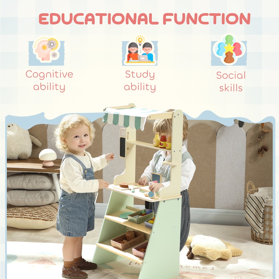 image 1 of AIYAPLAY Wooden Toy Shop, Supermarket Role Play with 34 Accessories, Green