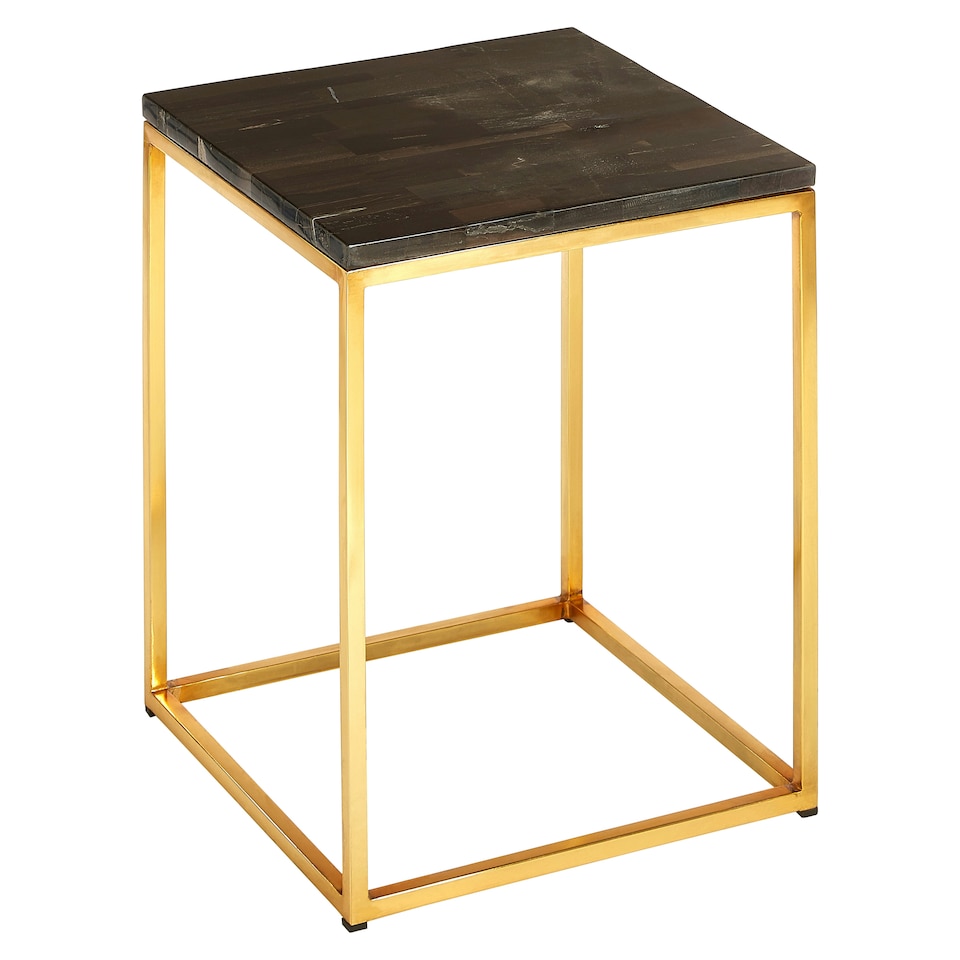 image 1 of Steel Base Dark Petrified Wood Square Side Table, Wooden Top Small Bedside Table, Rustic Side Table Gold