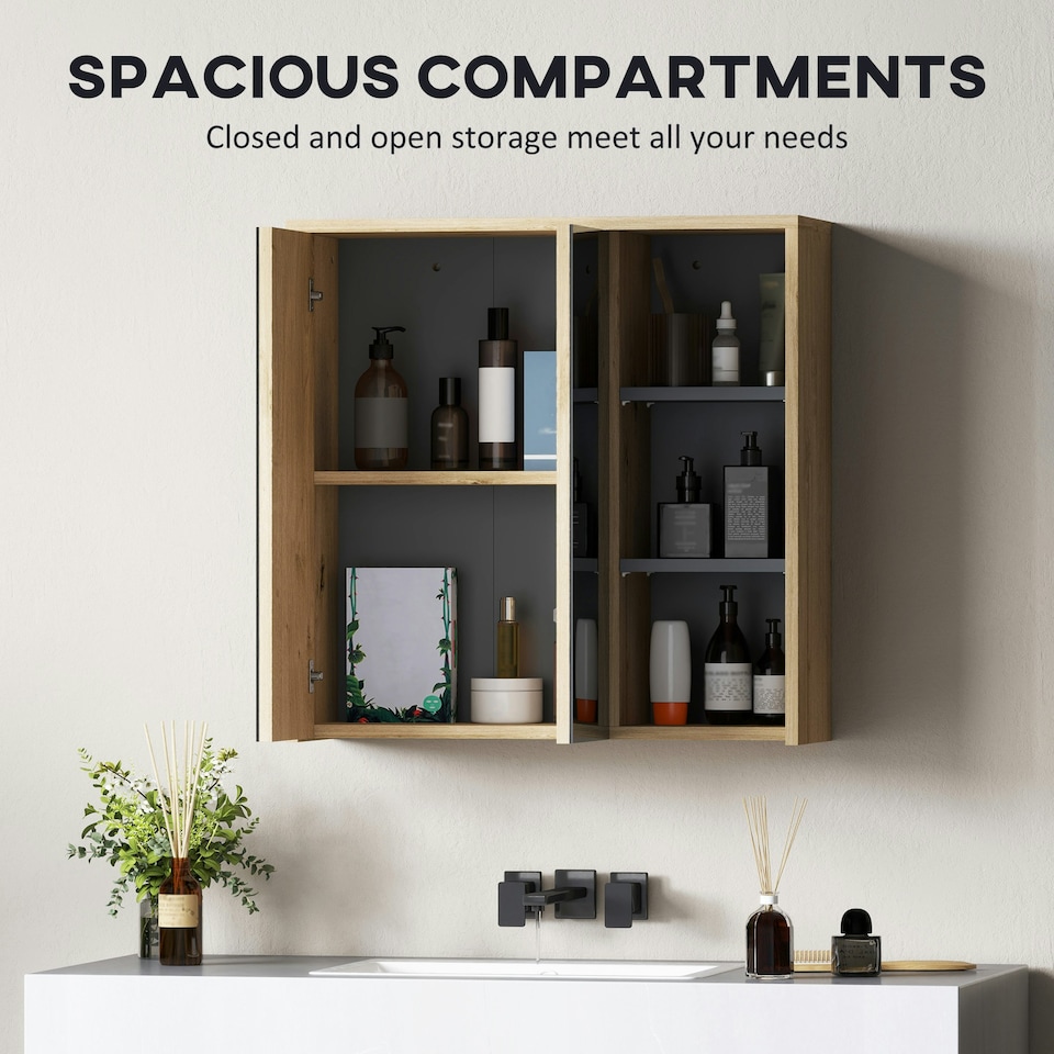 image 1 of HOMCOM Bathroom Cabinet Wall Mounted Mirror Storage with Shelves Natural