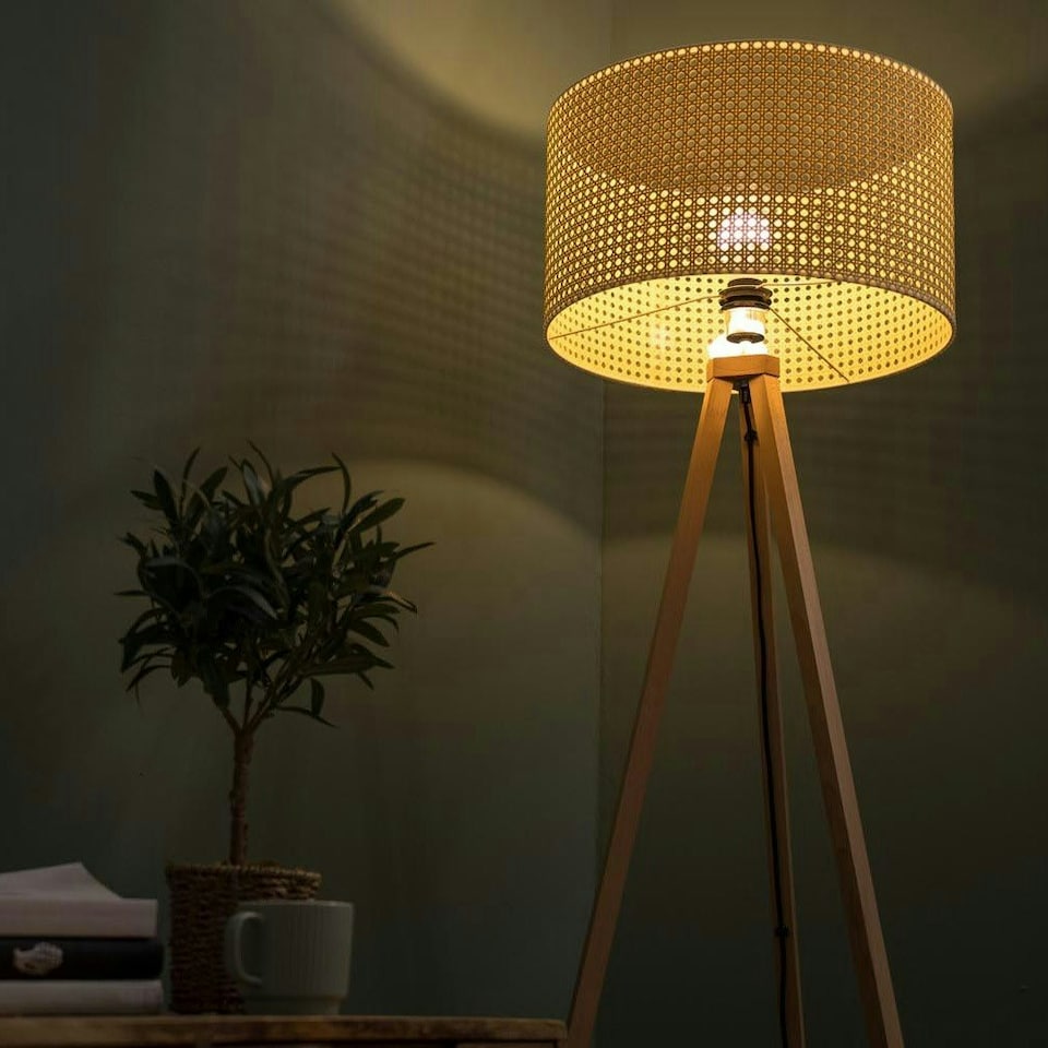 image 1 of ValueLights Barbro Wood Tripod Floor Lamp Wicker Shade & Bulb