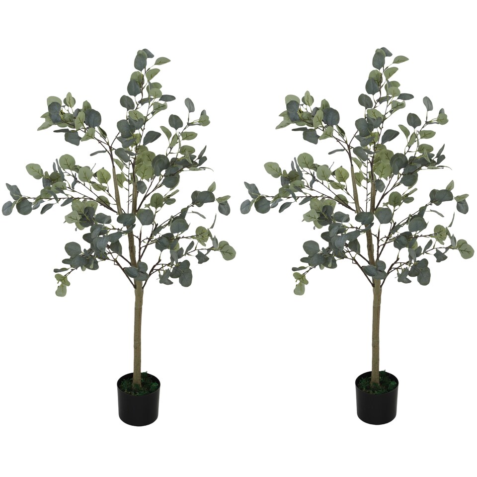 image 1 of HOMCOM Set of 2 Decorative Artificial Tree, 4ft 120cm Silk Eucalyptus Trees with 230 Silver Dollar Leaves in Pot, Fake Plants for Home, Office, Living Room, Indoor Decor | Green