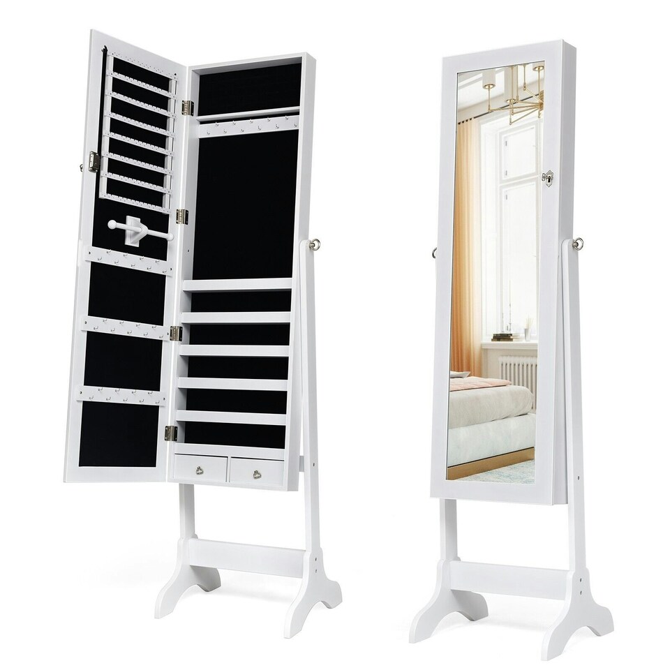 image 1 of COSTWAY Freestanding Jewelry Cabinet Lockable Armoire w/Mirror White