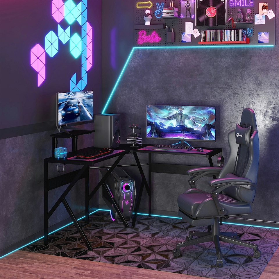 image 1 of HOMCOM Corner Gaming Desk with Monitor Stand Cup Holder Headphone Hook