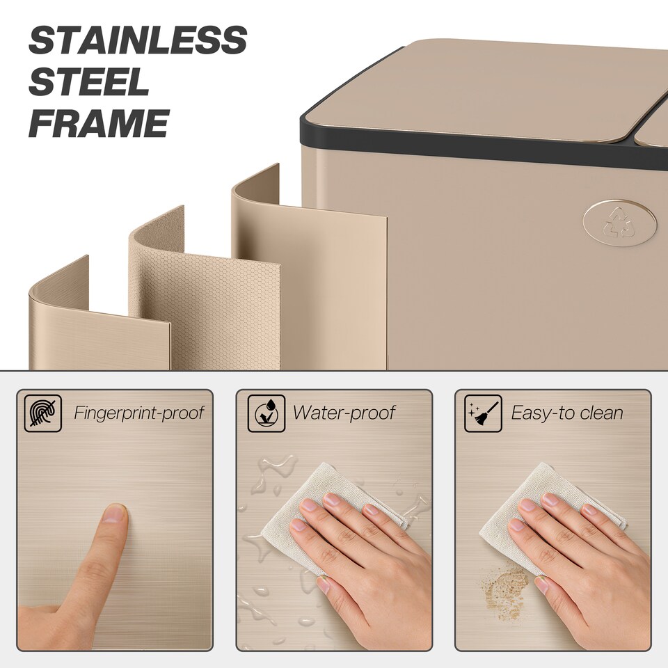 image 1 of HOMCOM Dual Kitchen Bin, 2 x 15L Stainless Steel Double Rubbish Bin with Soft Close Lid, Removable Inner Buckets, Fingerprint-Proof for Recycling and Waste, Gold Tone | Gold | 15L