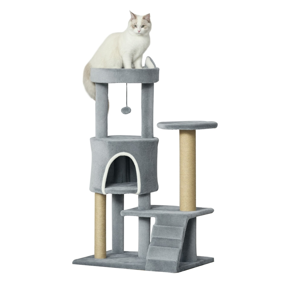 image 1 of PawHut 100cm Cat Condo Tree Tower with Scratching Post, Perch, Light Grey