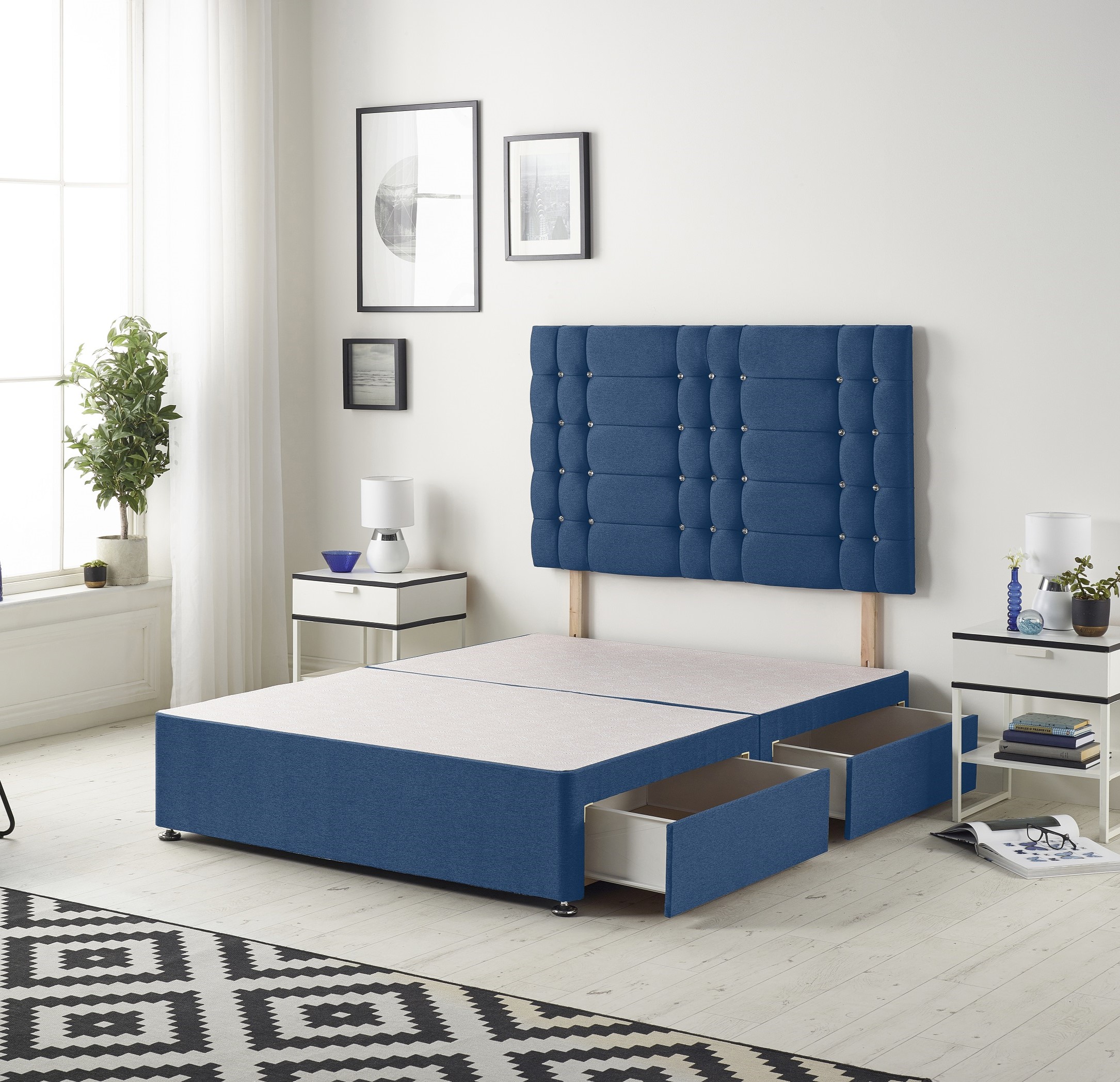 Astoria Divan Bed Base with 2 Drawers & 30 Inch Diamante Headboard in Plush Velvet Blue Navy Small Single