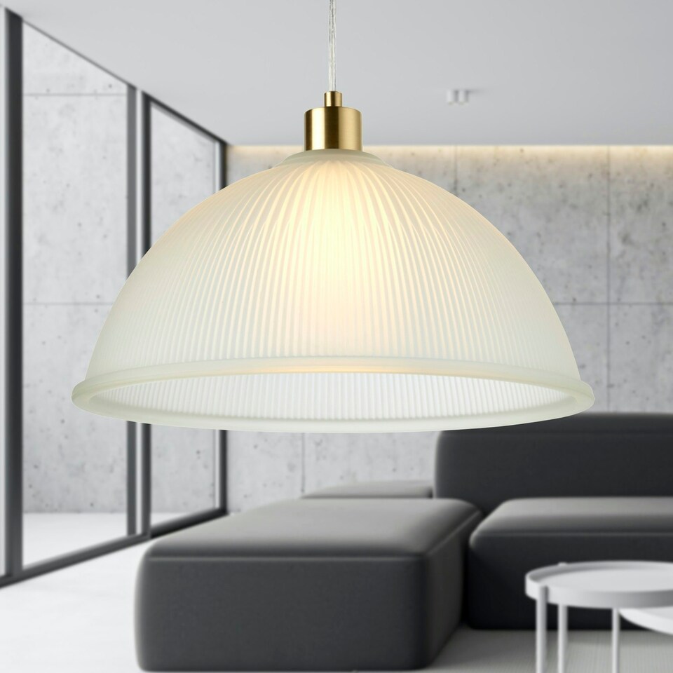 image 1 of First Choice Lighting Frosted Ribbed Glass with Satin Brass Ceiling Pendant Bronze | White
