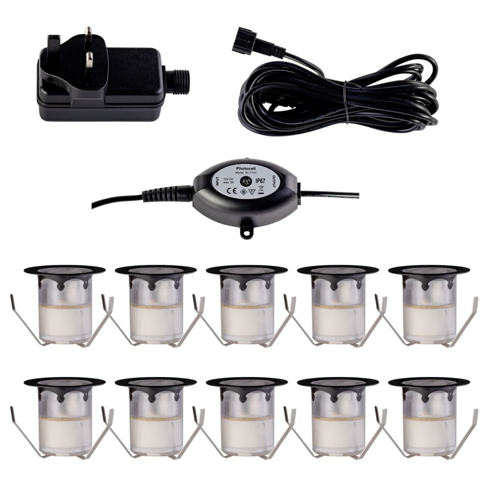 image 1 of Set of 10 - 30mm Black IP67 Cool White LED Decking Kit with Photocell | Black | Clear | 10