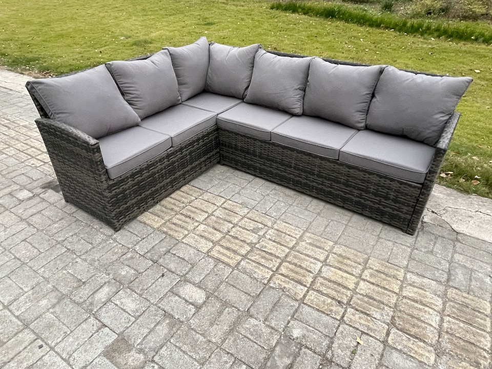 image 1 of Fimous Wicker Rattan Garden Furniture Corner Sofa Set with Oblong Dining Table 3 Small Footstools 9 Seater Outdoor Rattan Set Dark Grey Mixed