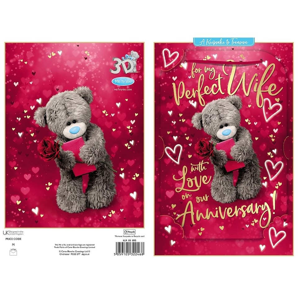 image 1 of Bear With Rose And Envelope 3D Photo Finish Keepsake Wife Anniversary Card