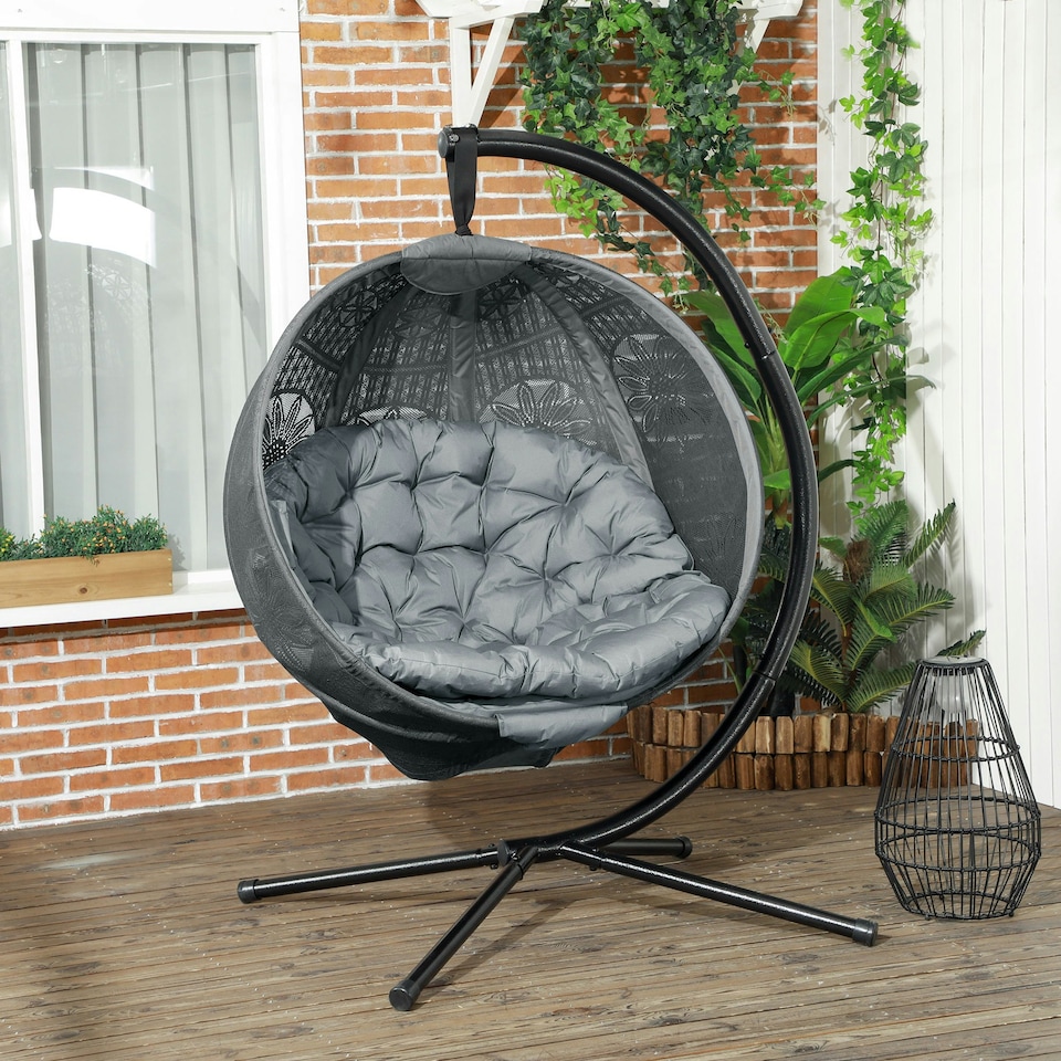 image 1 of Outsunny Outdoor Hanging Chair, Swing Chair with Metal Stand, Thick Padded Cushion, Foldable Basket and Side Pocket, for Indoor and Outdoor, Charcoal Grey | Grey | Charcoal grey