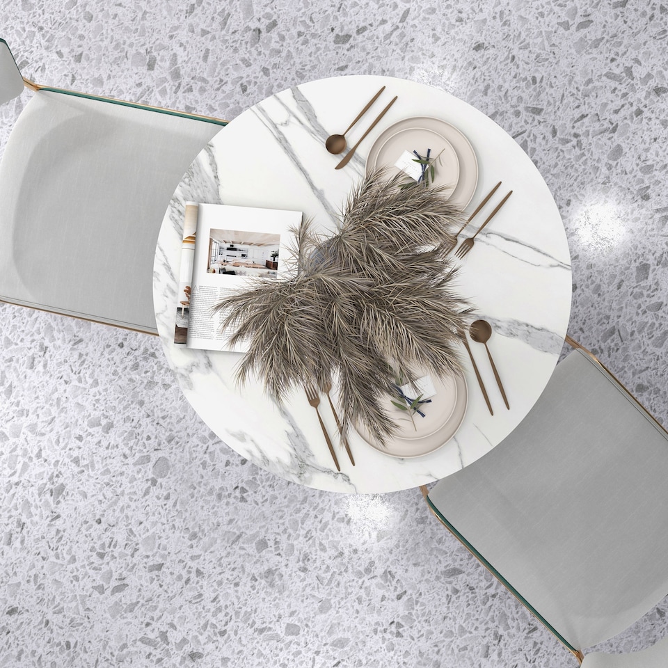 image 1 of HOMCOM Round Dining Table for 2, Modern Kitchen Table with Steel Base, Non-slip Foot Pad for Living Room, Dining Room, Faux Marbled White