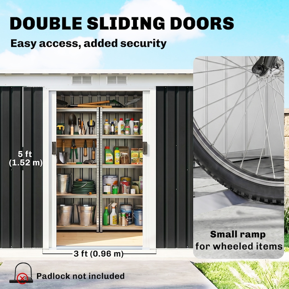image 1 of Outsunny 9 x 4FT Waterproof Metal Garden Storage Shed w/ 2 Door, Dark Grey