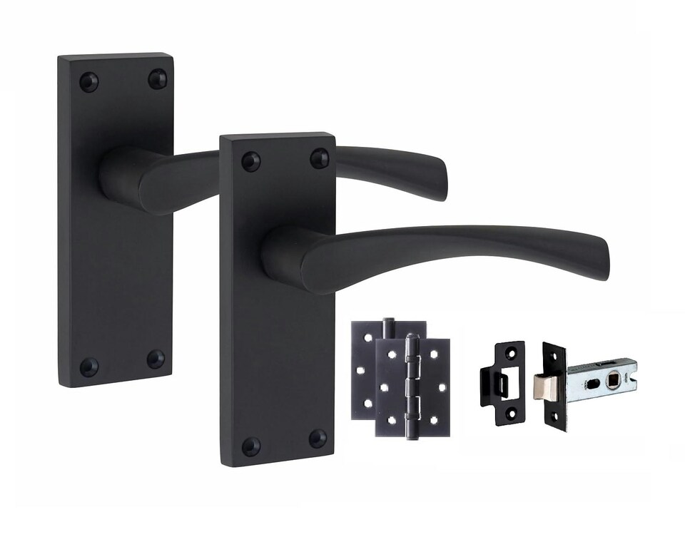 image 1 of Golden Grace 6 Sets Victorian Scroll Astrid Door Handles Latch in Matt Black with 1 Pair of 3" Ball Bearing Hinges & Latches Pack - 120mm x 40mm Backplate | Black | 6 Set