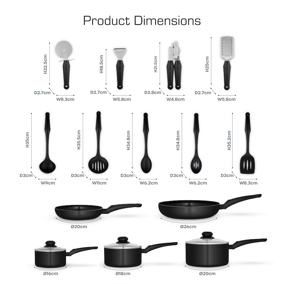 image 1 of Swan Townhouse 14 Piece Aluminium Cookware and Tool Set with 16/18/20cm Saucepans with Glass Lids and 20/26cm Frying Pans, Black