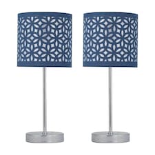 First Choice Lighting Set of 2 Chrome Stick Table Lamps with Navy Blue Laser Cut Shades Chrome | Blue