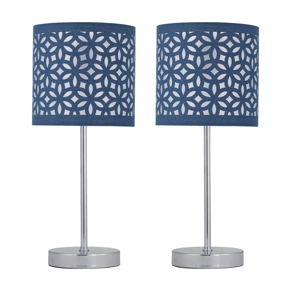 image 1 of First Choice Lighting Set of 2 Chrome Stick Table Lamps with Navy Blue Laser Cut Shades Chrome | Blue