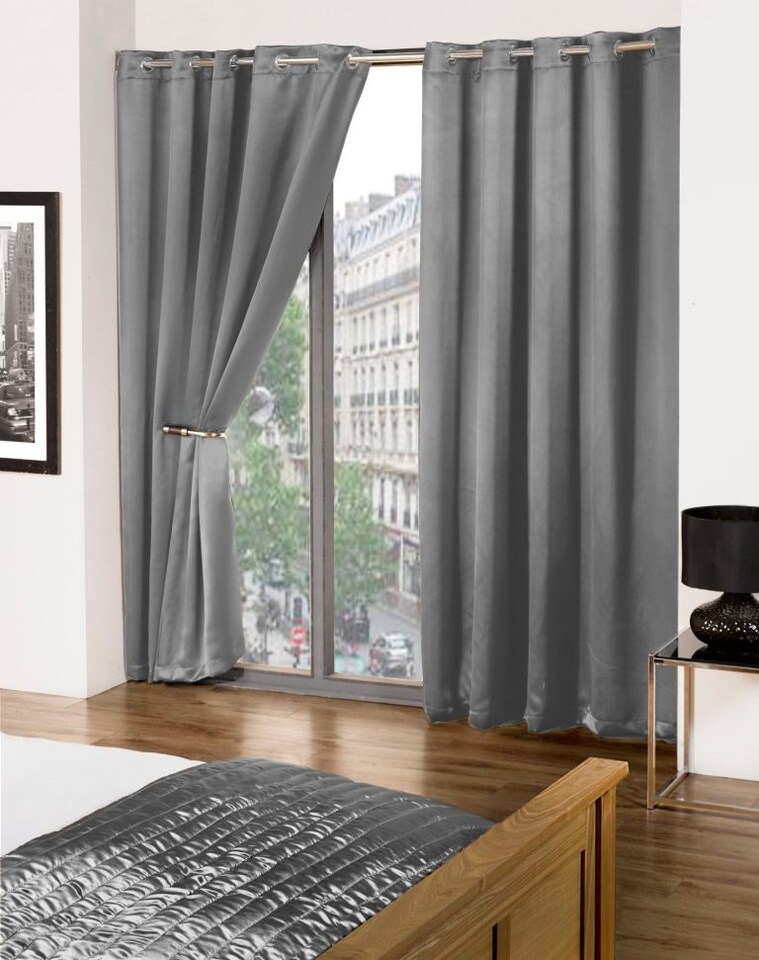 image 1 of Woven Thermal Blackout Eyelet Curtains Grey 116cm x 183cm | Grey | Grey