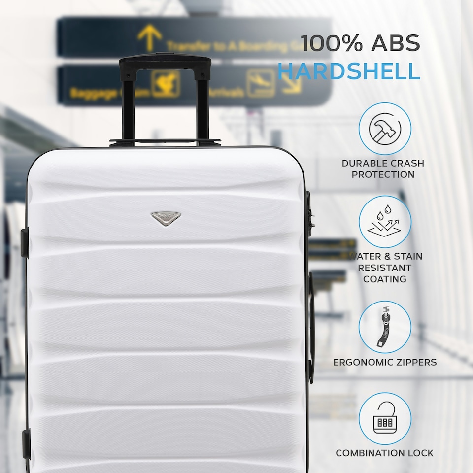 image 1 of Flight Knight 25" 4 Wheel ABS Hard Case Medium Suitcase 100+ Airlines Approved - easyJet, British Airways, Ryanair, Jet2, Emirates & Many More - Check-in | White | White/ Black | Medium