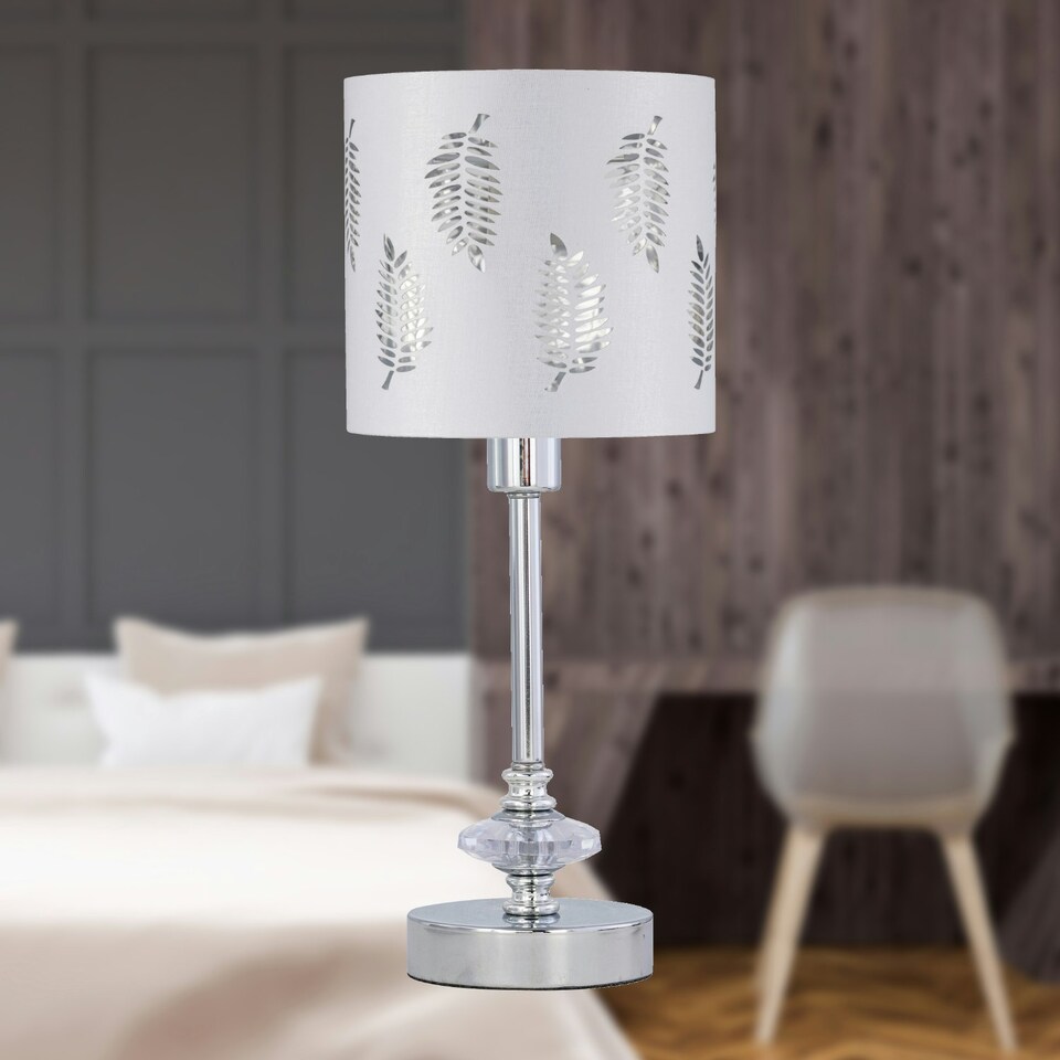 image 1 of Chrome Jewelled Table Lamp with White Fern Shade Chrome | White