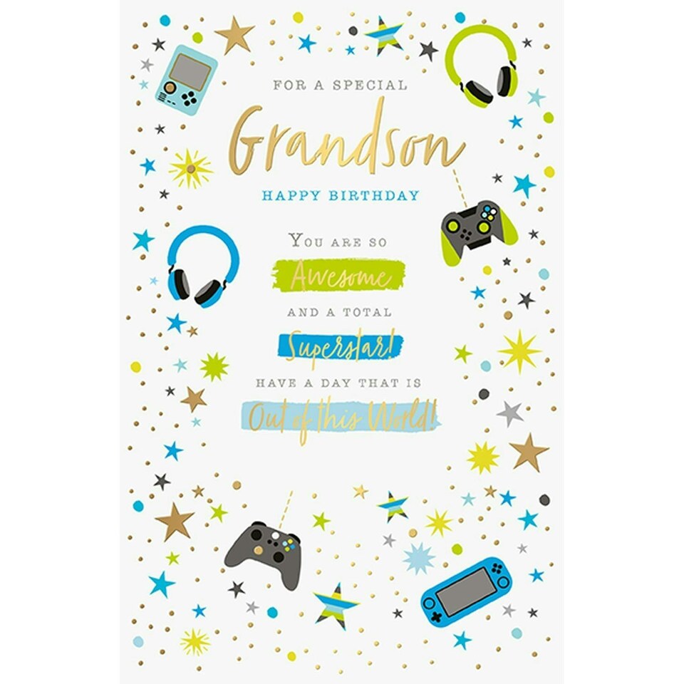 Words 'n' Wishes Special Grandson Birthday Card - Headphones and Game Controllers with Embossed Foil Finish