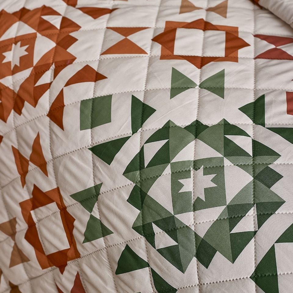 image 1 of Catherine Lansfield Autumn Patchwork Geo Quilted Bedspread | Cream | Natural | One Size