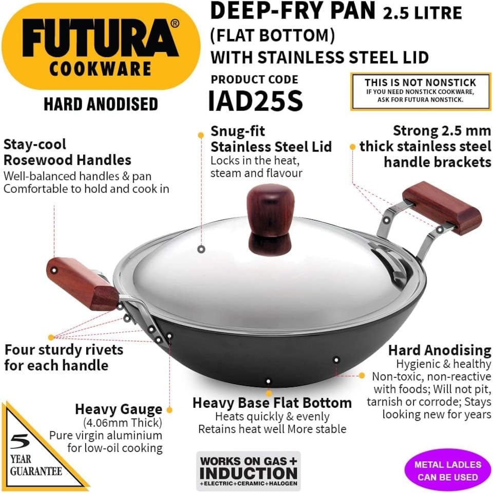 image 1 of Futura Induction Compatible Hard Anodised Flat Bottom Deep Fry Pan with Steel Lid, 2.5 Litre
