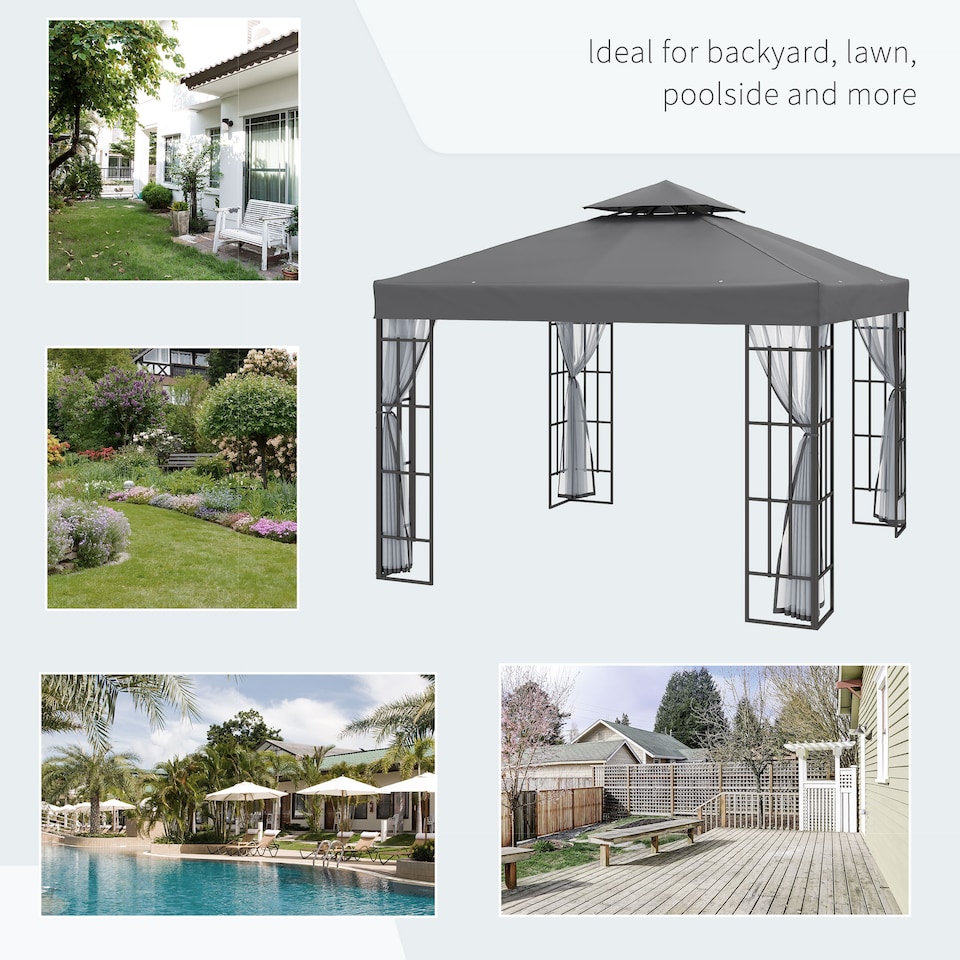 image 1 of Outsunny 3 x 3m Patio Gazebo Canopy Garden Pavilion Tent Shelter with 2 Tier Roof and Mosquito Netting, Steel Frame, Grey