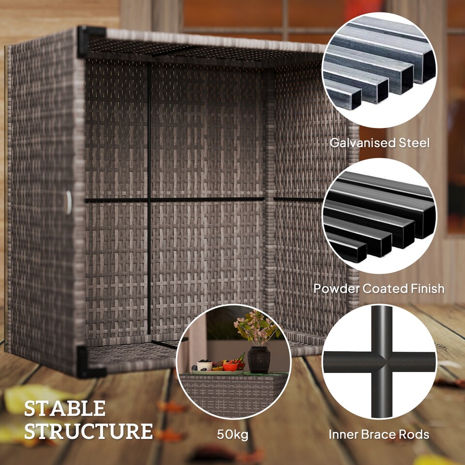 image 1 of Outsunny Outdoor Coffee Table with Glass Top, Rattan Side Table, Dark Grey