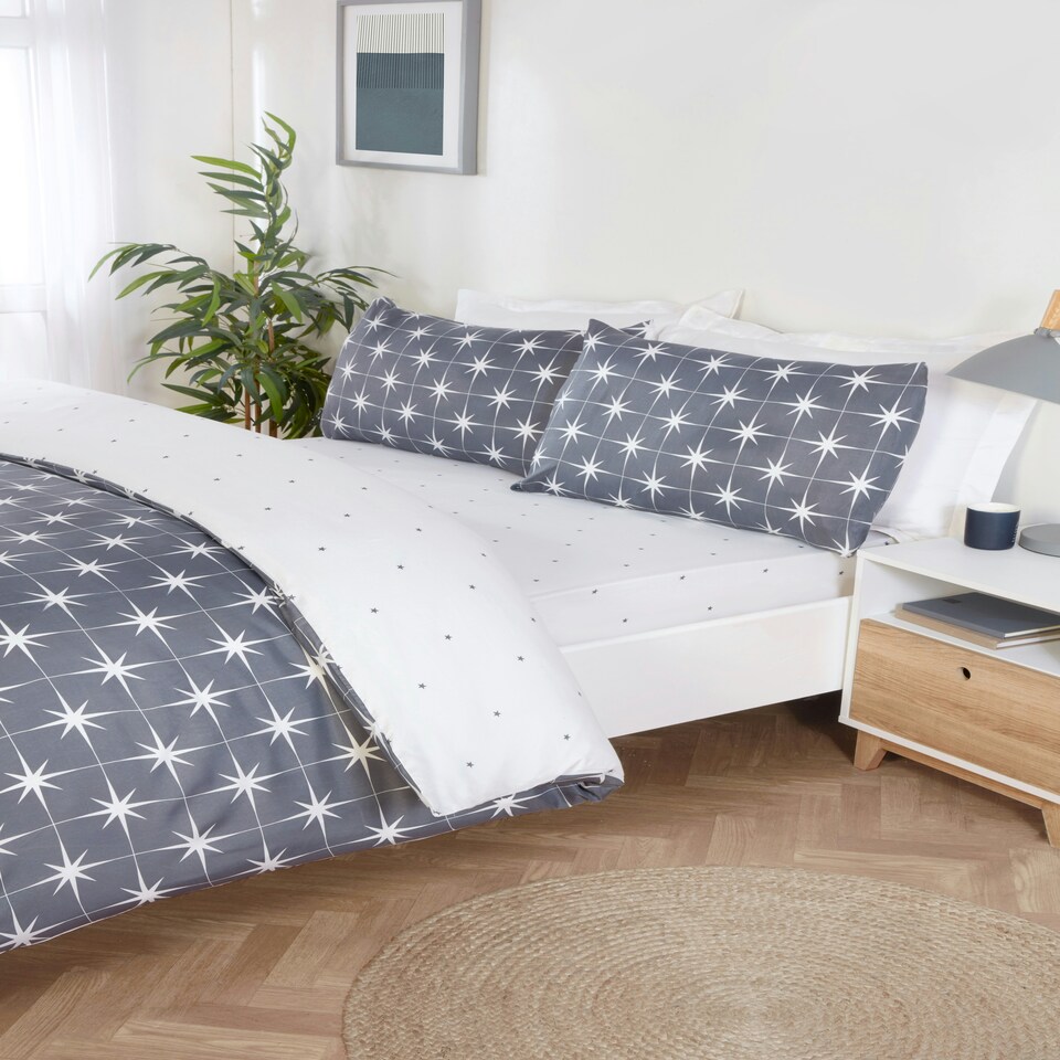 image 1 of Northern Stars Microfibre Complete Duvet Set with Pillowcase and Fitted Sheet Grey | Double