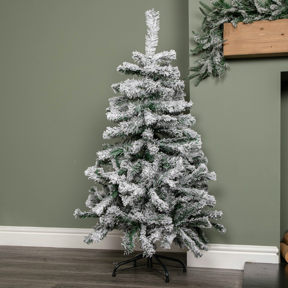 image 1 of 4ft (1.2m) Snow Flocked Artificial Christmas Tree with Green Metal Stand and 177 Tips