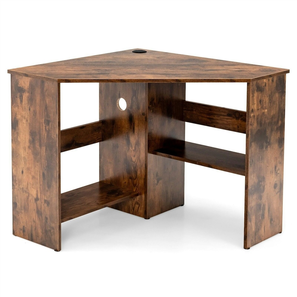 image 1 of COSTWAY Corner Desk Computer Table Workstation w/ Shelves Brown Brown