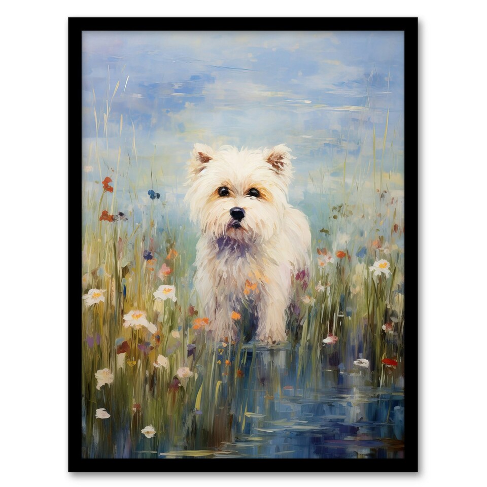 image 1 of West Highland Terrier Claude Monet Style Dog Black Framed Wall Art Print A4